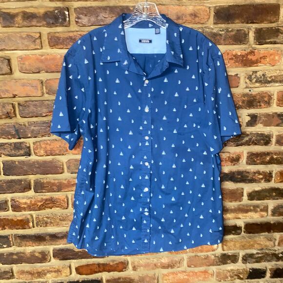 Izod Navy Blue Sailboat Print Short Sleeve Button Down Shirt Men's Size XL - Picture 1 of 5
